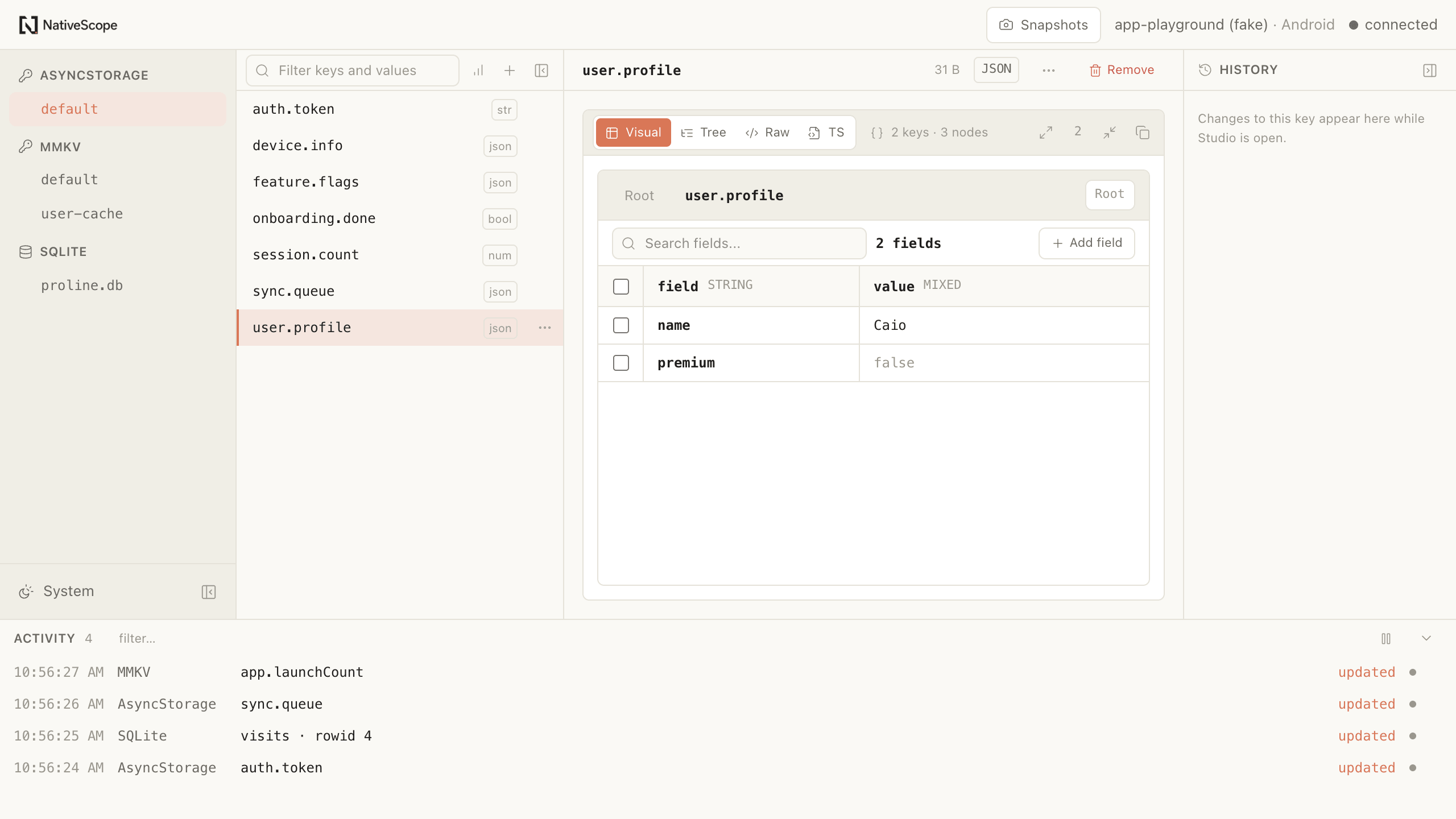 NativeScope Storage visual JSON editor