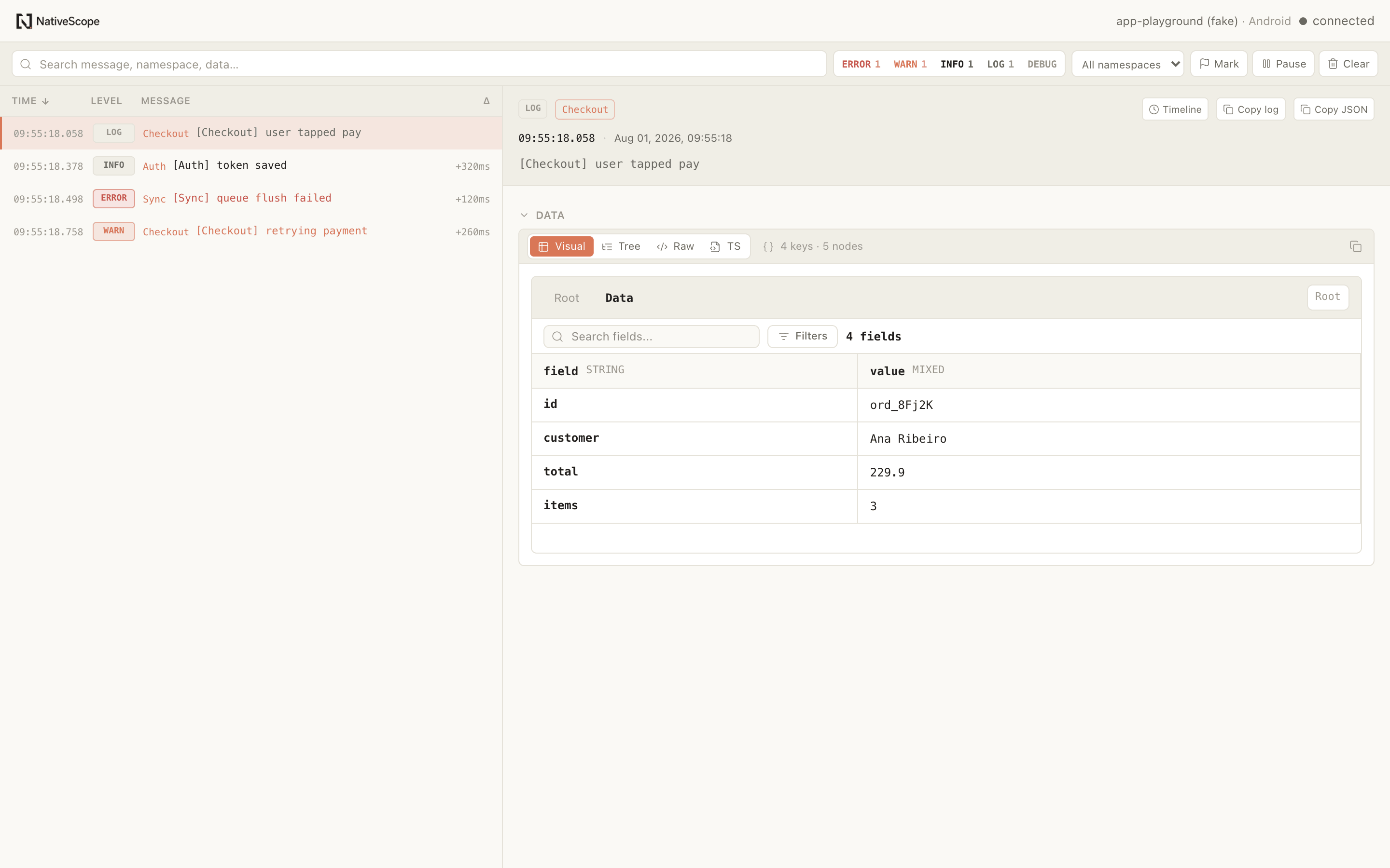 NativeScope Logs showing a selected structured value and its detail viewer