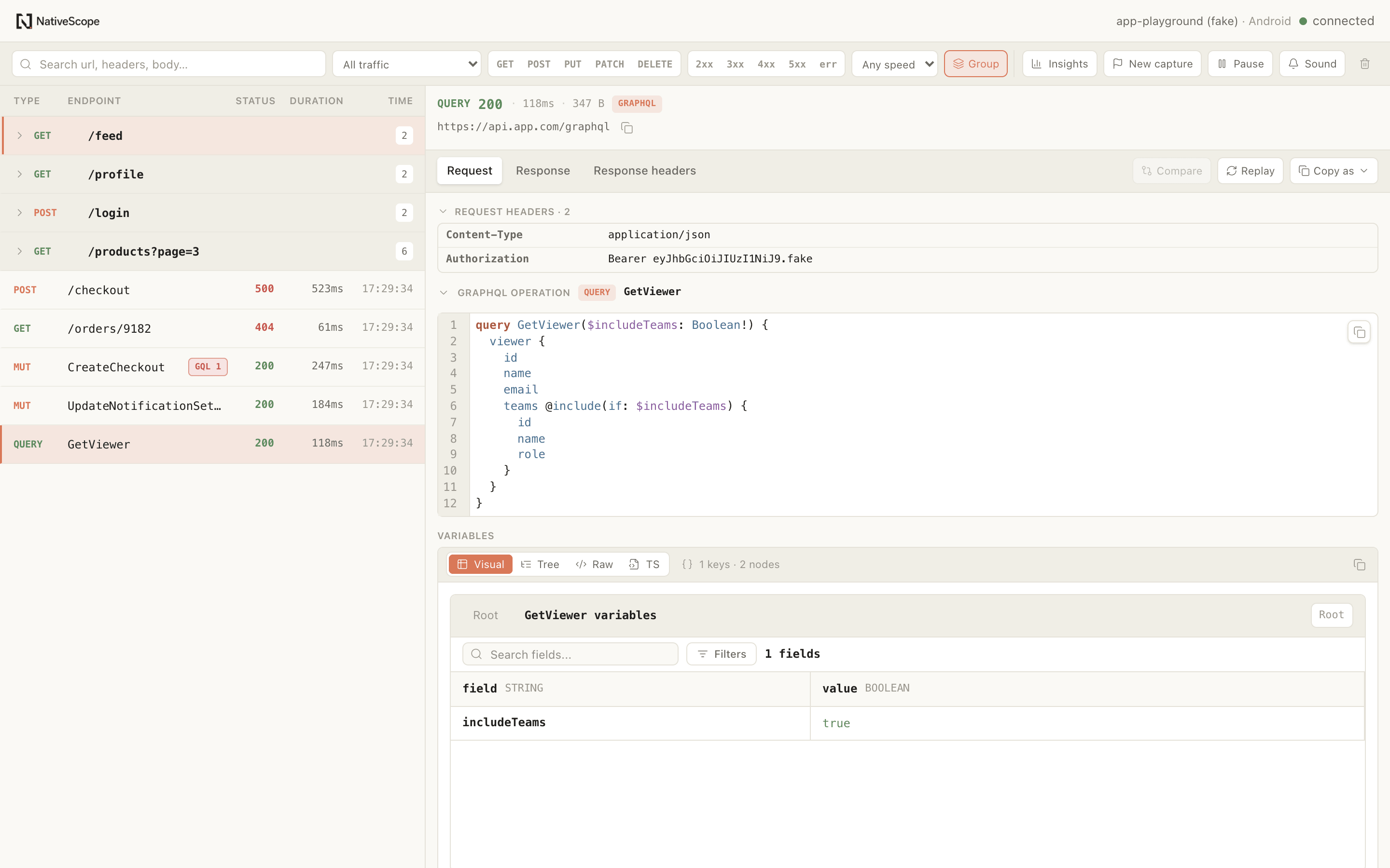 NativeScope Network showing captured requests, response data and the storage impact of a request